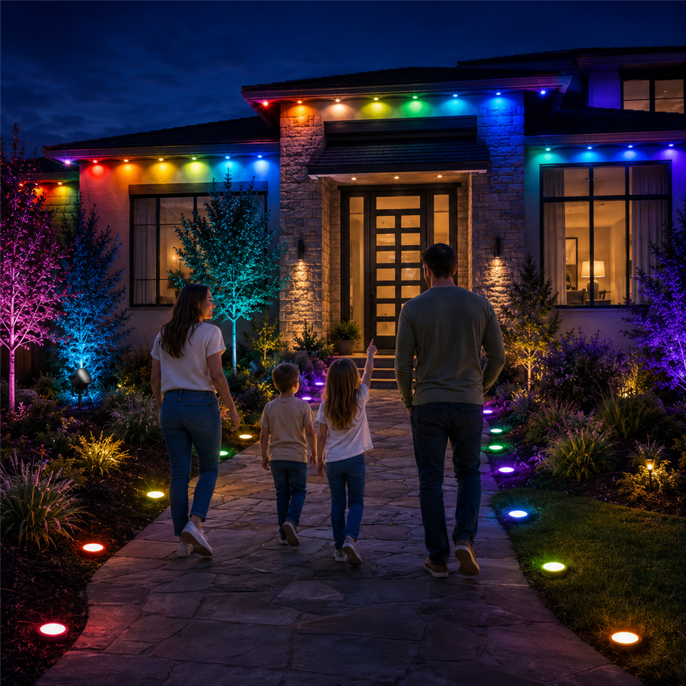 Family walking up a walkway lined with smart ground lights toward a home with color-changing eve lights and uplit trees